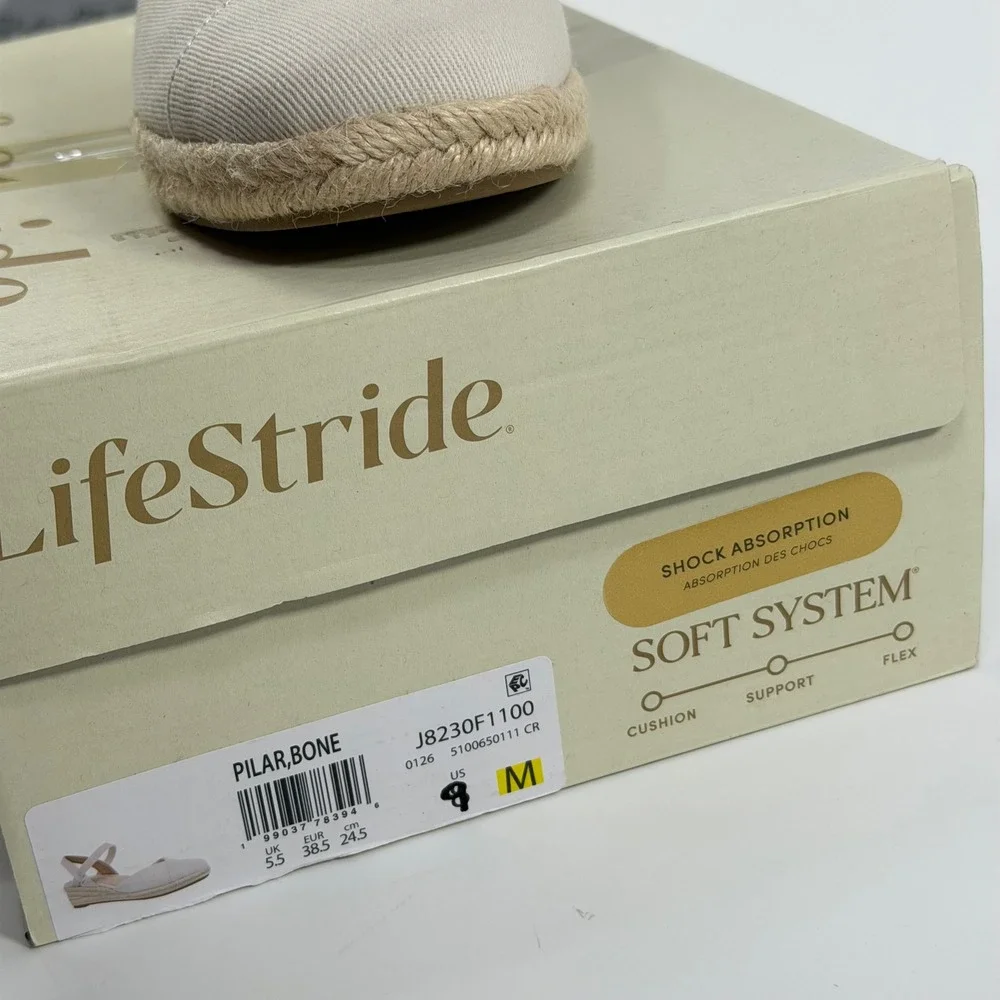 LifeStride Size-9M Womens Pilar Bone Canvas Espadrille Wedge Sandals